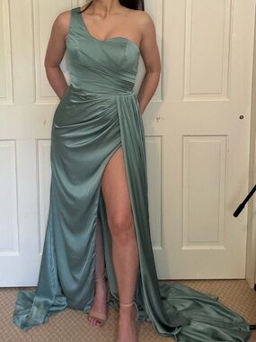 One-Shoulder Eucalyptus Green Satin Evening Gown